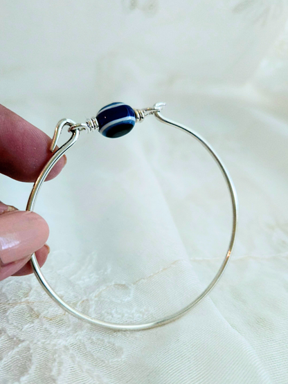 Evil Eye Bangle Bracelet – 925 Sterling Silver Hook Clasp Bangle with Blue Glass Nazar Bead