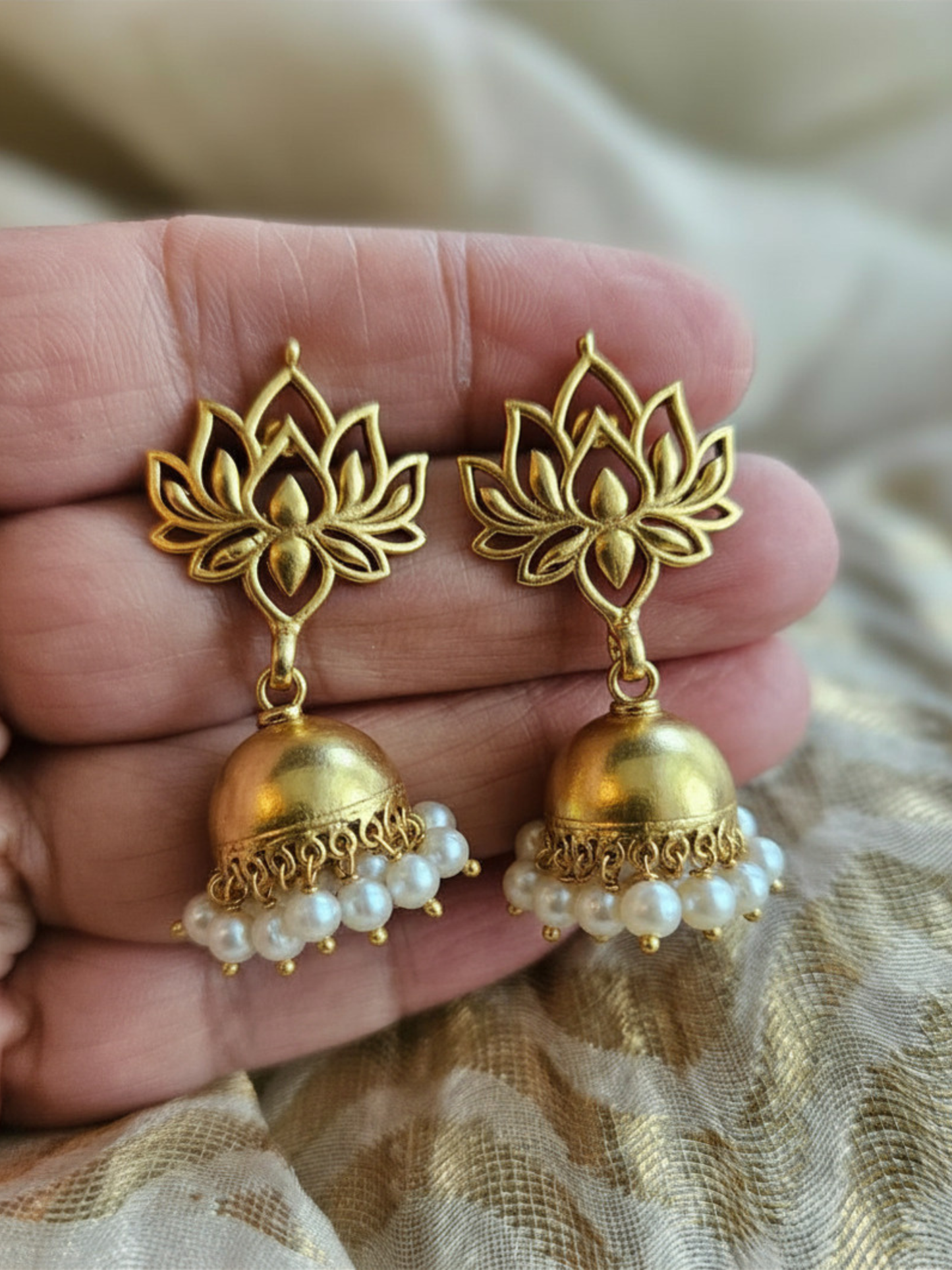 Lotus Jhumka Pearl Drop Earrings – 925 Sterling Silver, Gold Plated