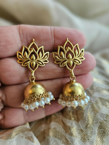 Lotus Jhumka Pearl Drop Earrings – 925 Sterling Silver, Gold Plated
