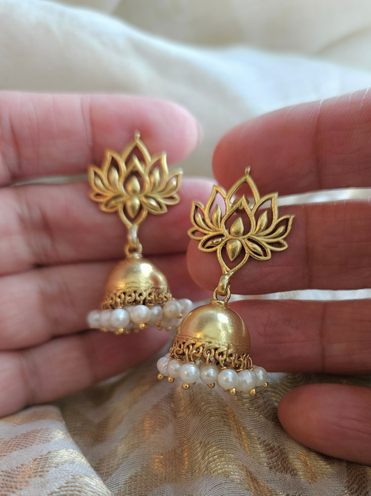 Lotus Jhumka Pearl Drop Earrings – 925 Sterling Silver, Gold Plated