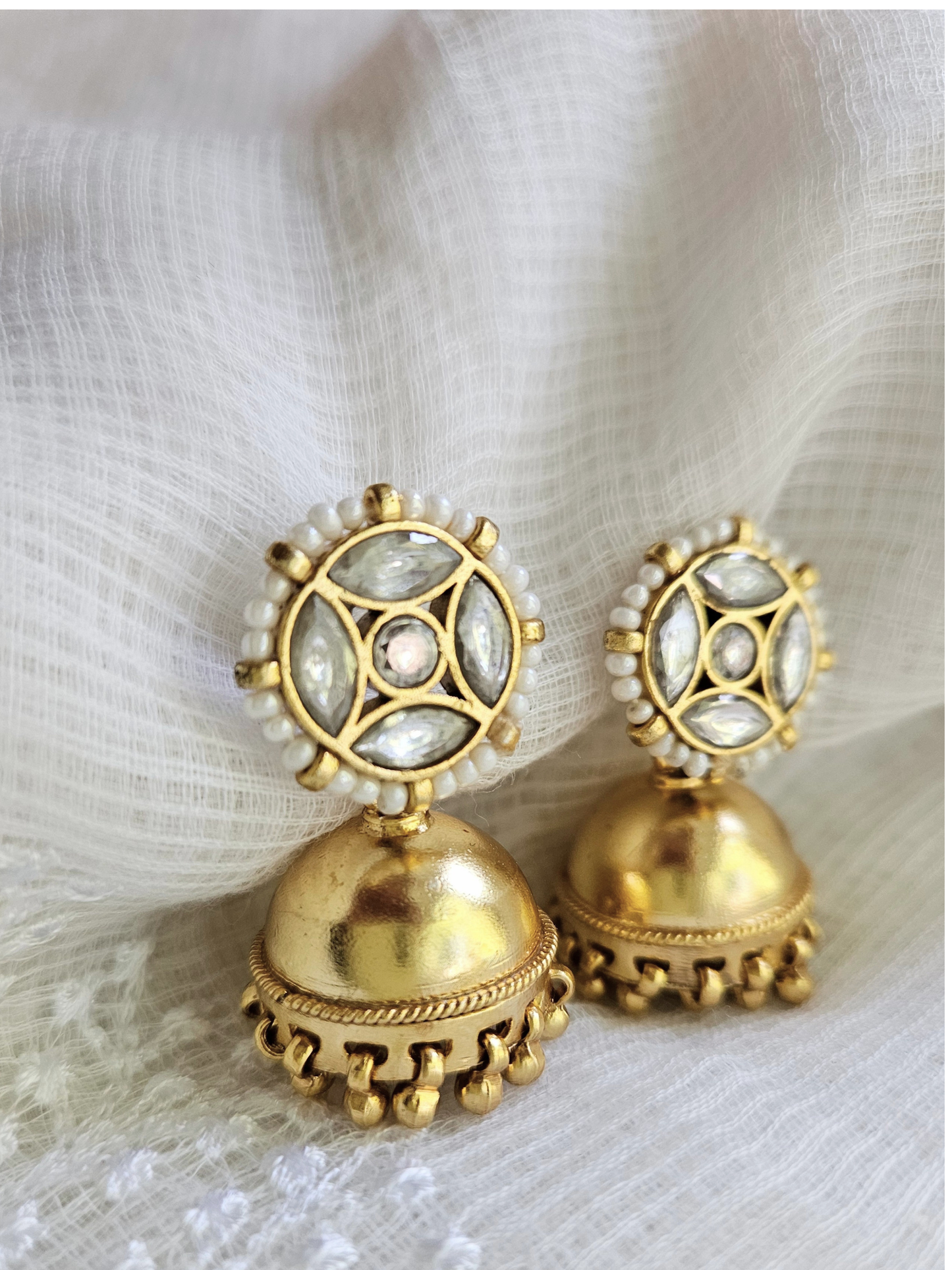 Gold Plated 925 Silver Jhumka Earrings — Kundan Style with Pearls
