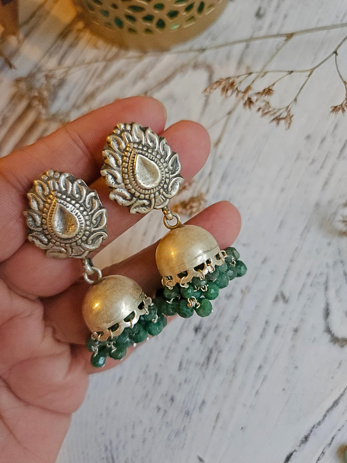Sterling Silver Paisley Jhumkas with Green Bead Clusters