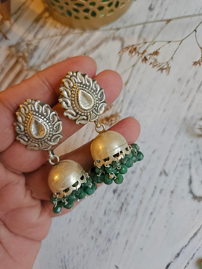 Sterling Silver Paisley Jhumkas with Green Bead Clusters