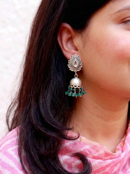 Sterling Silver Paisley Jhumkas with Green Bead Clusters