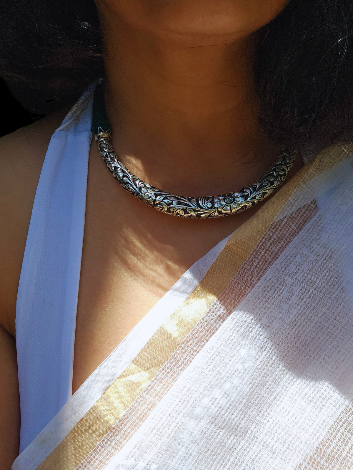 Oxidized 925 Sterling Silver Hasli Necklace — Hand-Engraved Floral Collar