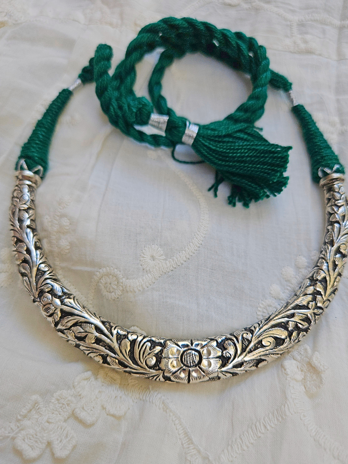 Oxidized 925 Sterling Silver Hasli Necklace — Hand-Engraved Floral Collar