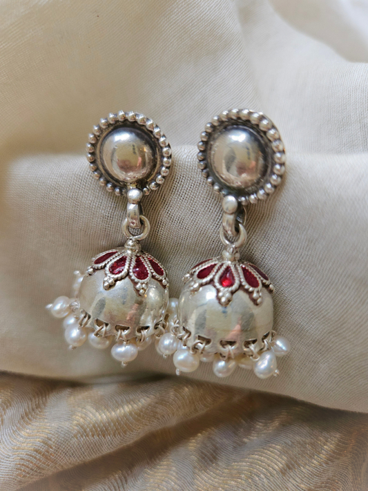 925 Silver Jhumkas with Red Enamel & Pearls