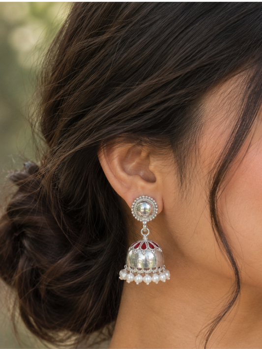 925 Silver Jhumkas with Red Enamel & Pearls