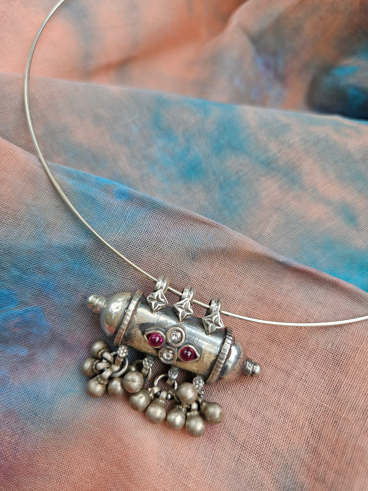Gulabi Amulet Wire Hasli: Oxidised 925 Silver with Kemp & Zirconia