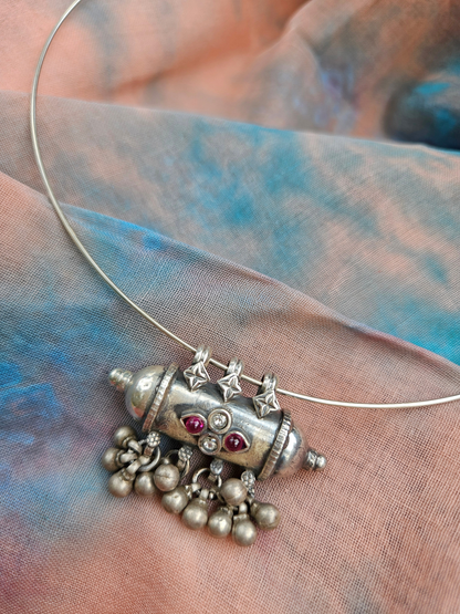 Gulabi Amulet Wire Hasli: Oxidised 925 Silver with Kemp & Zirconia