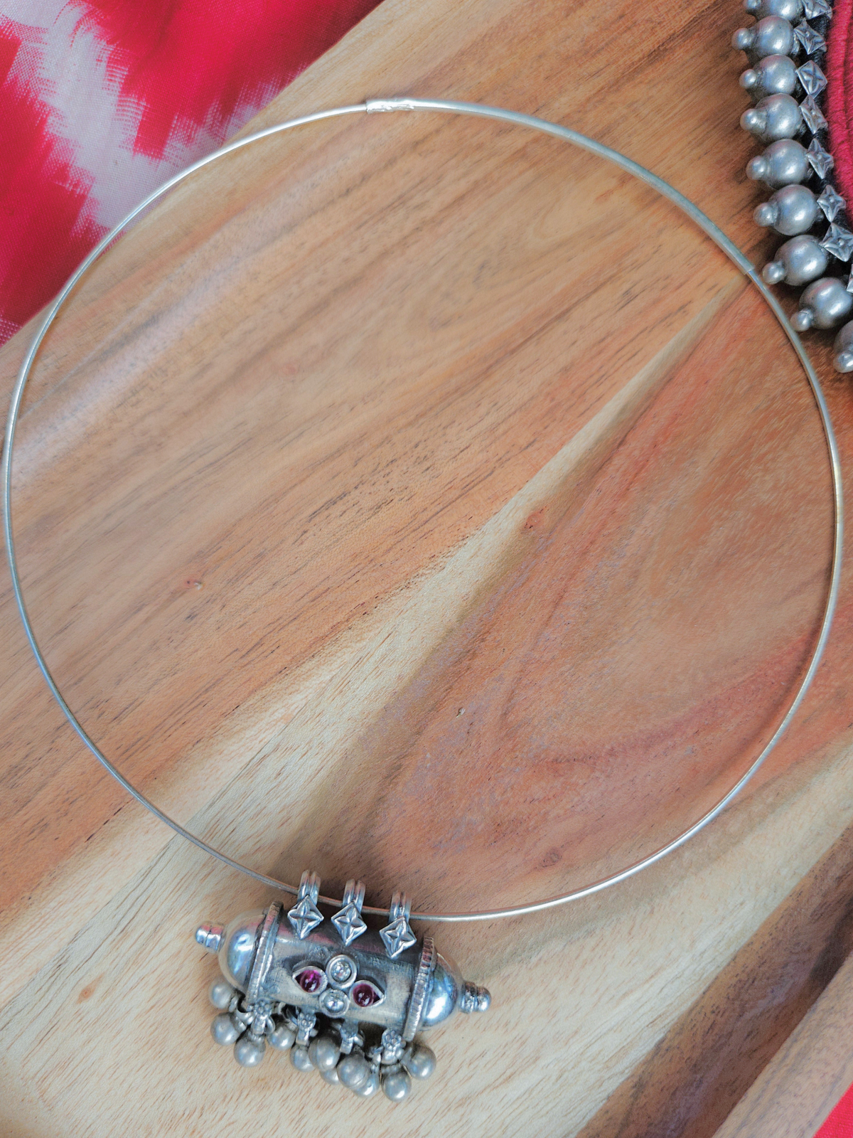 Gulabi Amulet Wire Hasli: Oxidised 925 Silver with Kemp & Zirconia