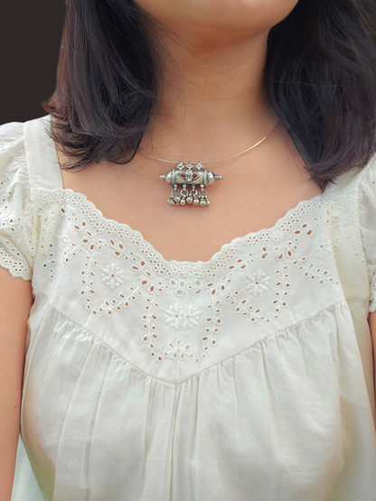 Gulabi Amulet Wire Hasli: Oxidised 925 Silver with Kemp & Zirconia