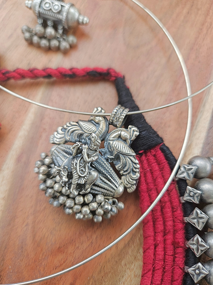 Murli Krishna Oxidised 925 Silver Wire Hasli Necklace | Handcrafted Temple Pendant with Peacocks & Ghungroo