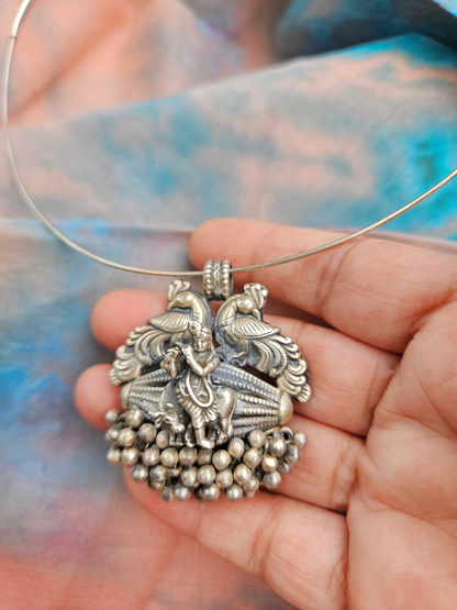 Murli Krishna Oxidised 925 Silver Wire Hasli Necklace | Handcrafted Temple Pendant with Peacocks & Ghungroo