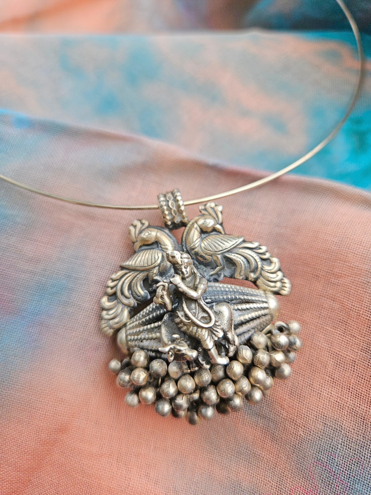 Murli Krishna Oxidised 925 Silver Wire Hasli Necklace | Handcrafted Temple Pendant with Peacocks & Ghungroo