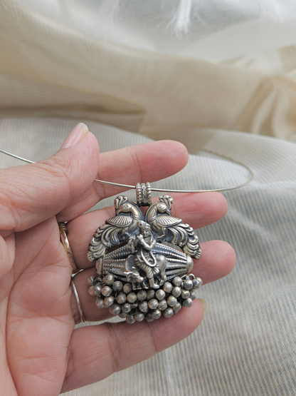 Murli Krishna Oxidised 925 Silver Wire Hasli Necklace | Handcrafted Temple Pendant with Peacocks & Ghungroo