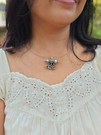 Tribal Amulet Wire Hasli Necklace | Oxidised 925 Silver Taweez Pendant