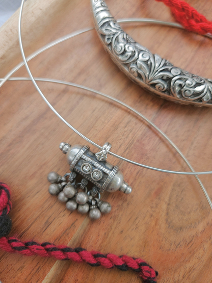 Tribal Amulet Wire Hasli Necklace | Oxidised 925 Silver Taweez Pendant