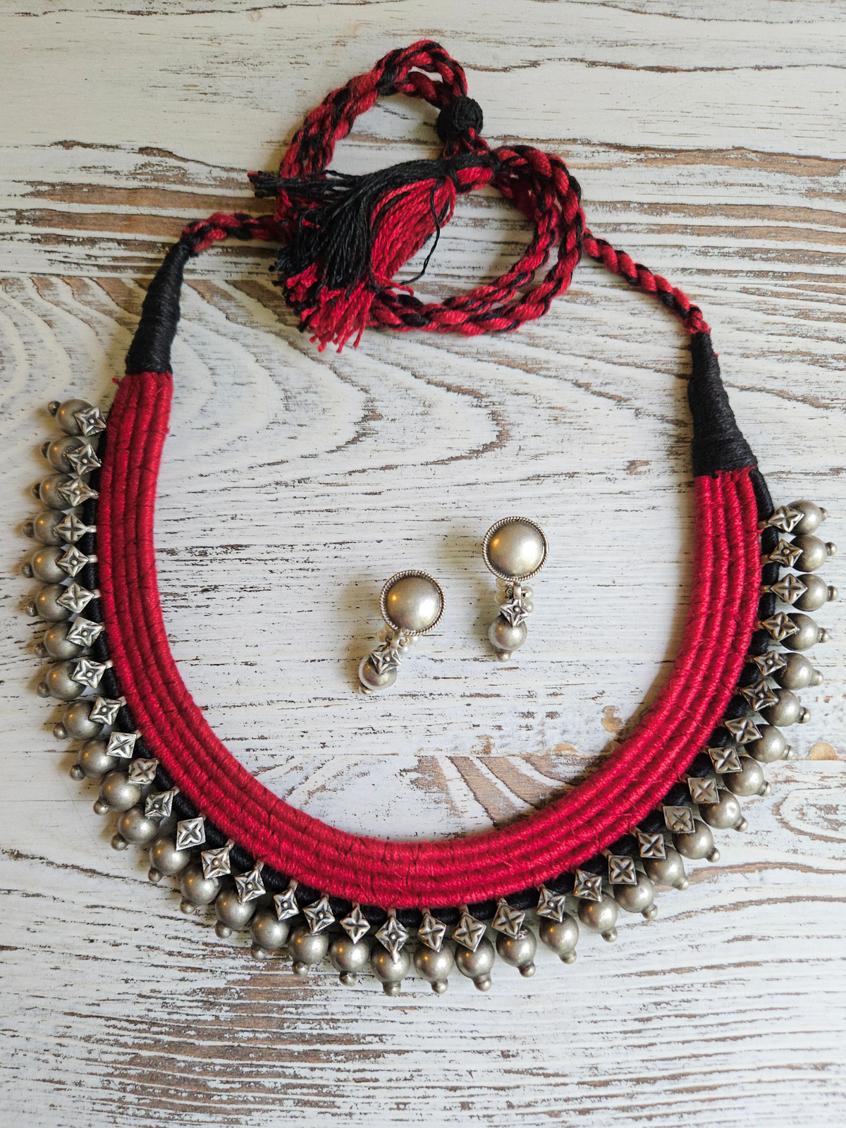 Rann Utsav Oxidised 925 Silver Thread Choker Necklace with Earrings | Handcrafted Tribal Rajasthani Kutchi Jewelry Set