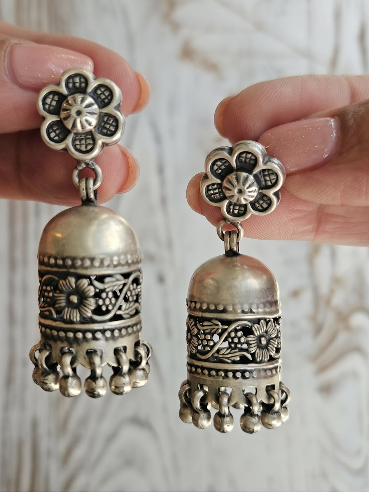 Phool Bel Oxidised 925 Sterling Silver Jhumka Earrings | Handcrafted Floral Jaali Jhumkis with Ghungroo