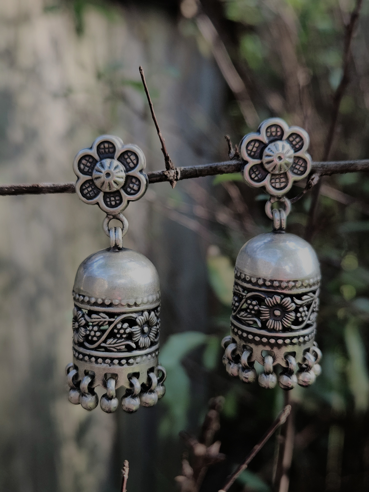 Phool Bel Oxidised 925 Sterling Silver Jhumka Earrings | Handcrafted Floral Jaali Jhumkis with Ghungroo