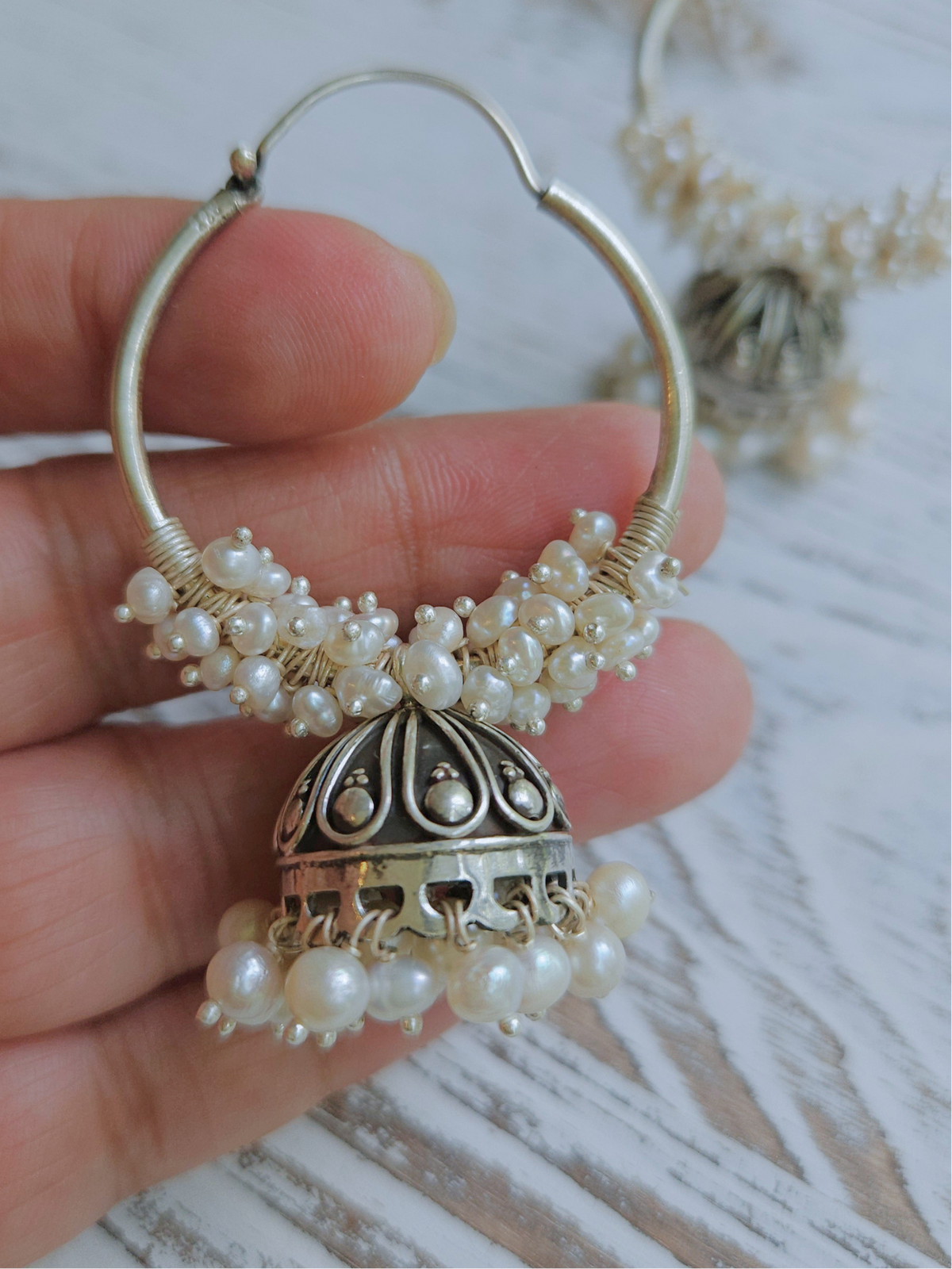 Chandni Moti Bali Jhumka Earrings | Oxidised 925 Silver Freshwater Pearl Hoops
