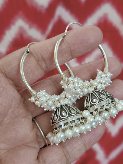 Chandni Moti Bali Jhumka Earrings | Oxidised 925 Silver Freshwater Pearl Hoops