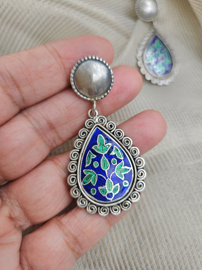Pichola Blue Meenakari 925 Sterling Silver Earrings | Handcrafted Udaipur Enamel Teardrop Danglers