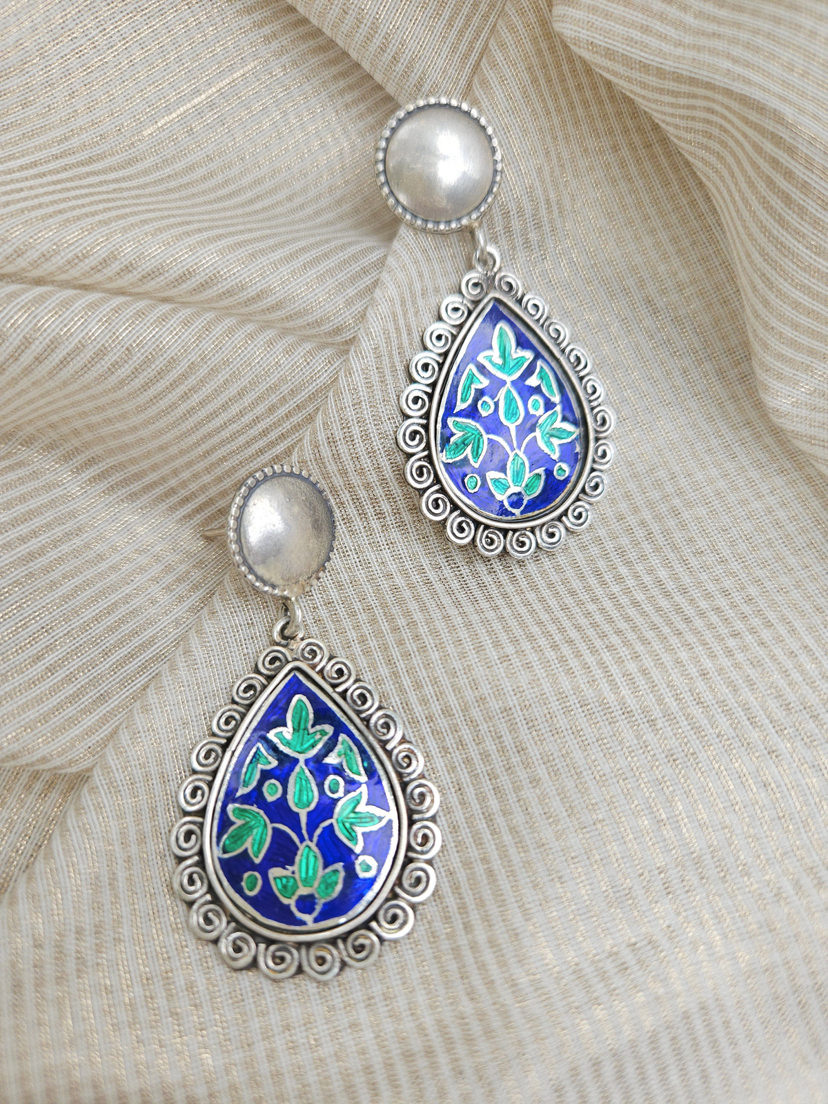 Pichola Blue Meenakari 925 Sterling Silver Earrings | Handcrafted Udaipur Enamel Teardrop Danglers