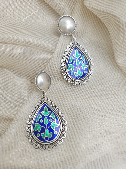 Pichola Blue Meenakari 925 Sterling Silver Earrings | Handcrafted Udaipur Enamel Teardrop Danglers