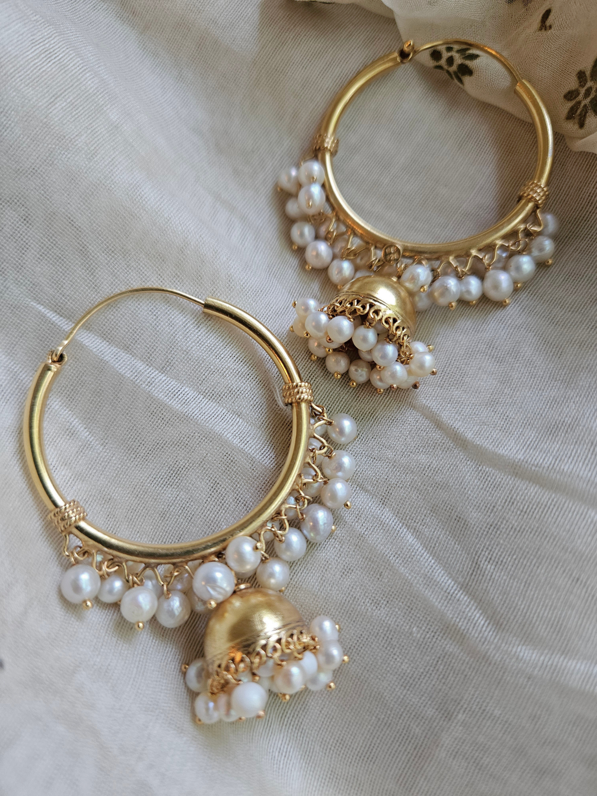 Noor Moti Bali Jhumka Earrings | Gold-Plated 925 Silver Pearl Hoops with Jhumka