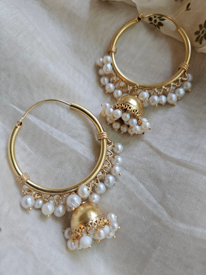 Noor Moti Bali Jhumka Earrings | Gold-Plated 925 Silver Pearl Hoops with Jhumka