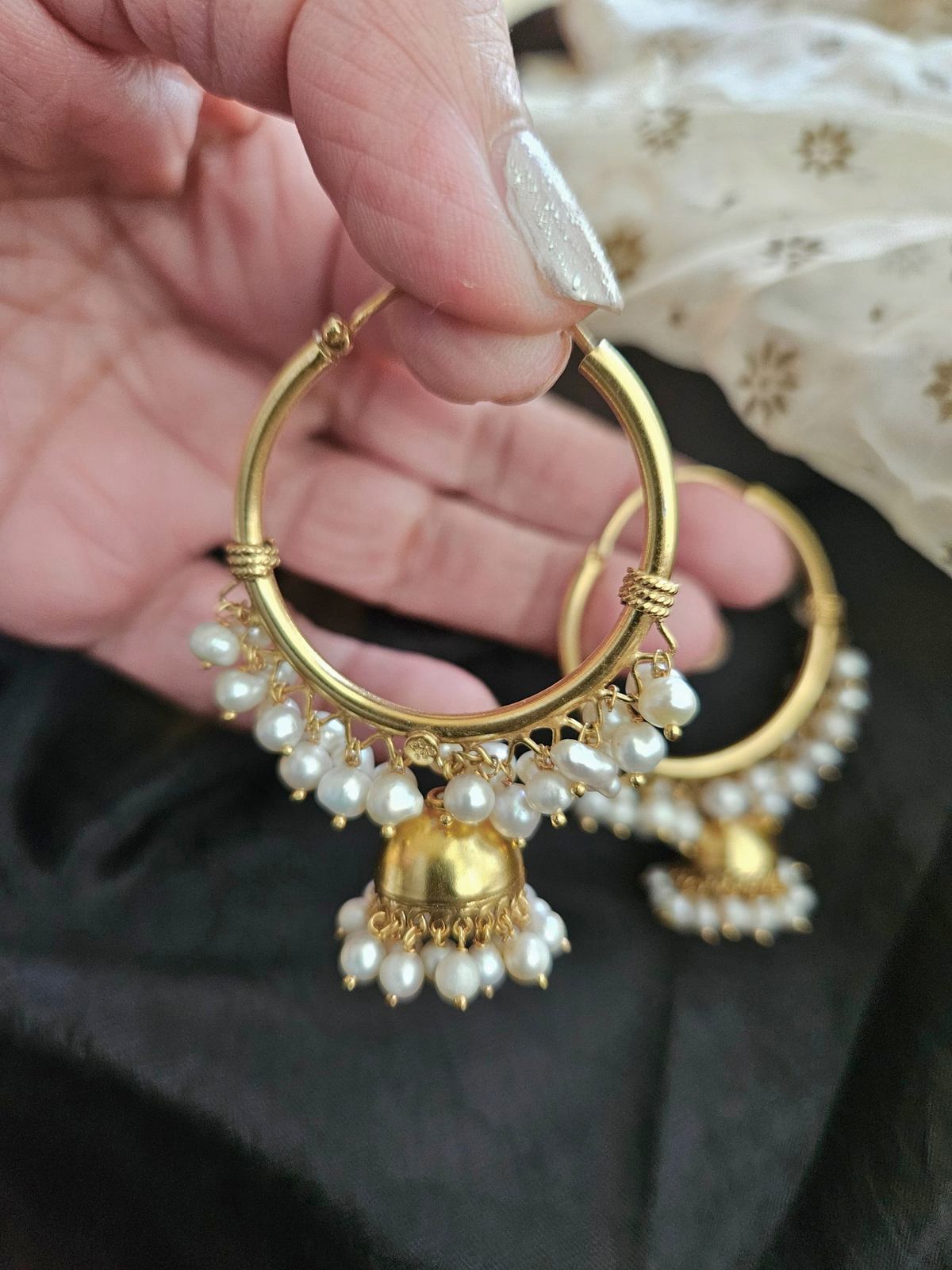 Noor Moti Bali Jhumka Earrings | Gold-Plated 925 Silver Pearl Hoops with Jhumka
