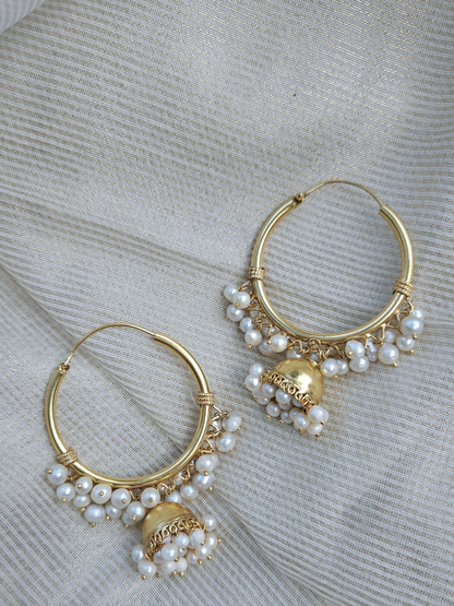 Noor Moti Bali Jhumka Earrings | Gold-Plated 925 Silver Pearl Hoops with Jhumka