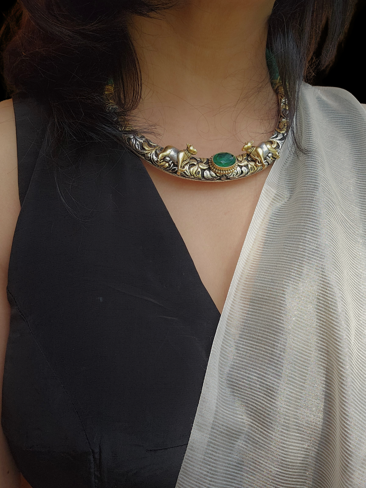 Kamdhenu Pichwai Cow Hasli Necklace & Earrings | Dual-Tone 925 Sterling Silver Chitai Work  Hasli Set