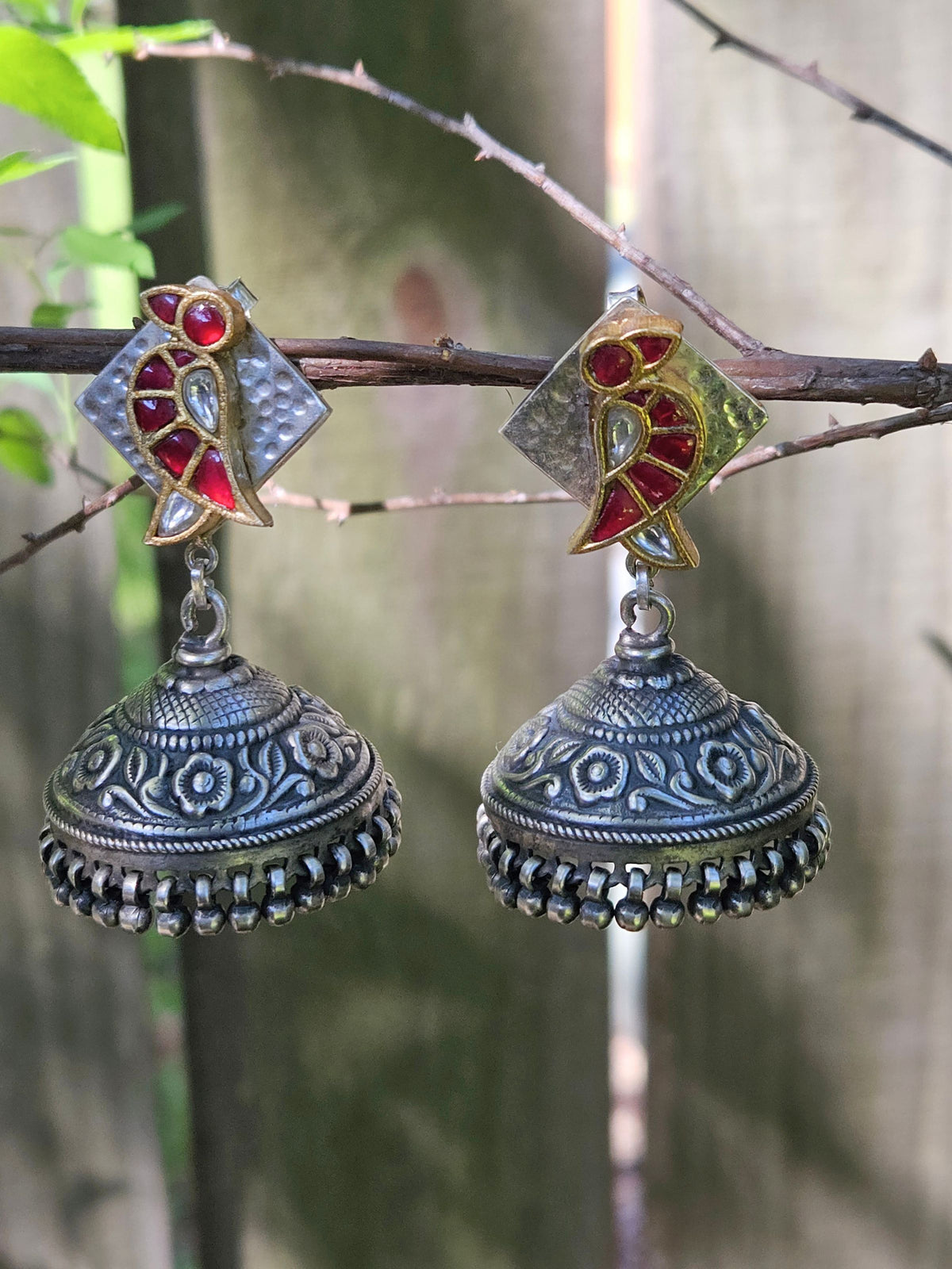 Tota Kundan Parrot Jhumka Earrings | Oxidised 925 Sterling Silver Statement Jhumkas with Hammered Finish