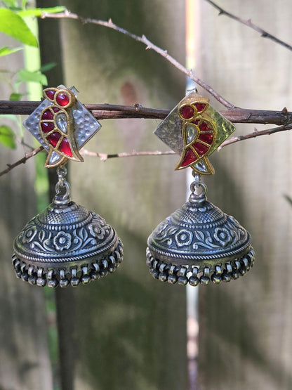 Tota Kundan Parrot Jhumka Earrings | Oxidised 925 Sterling Silver Statement Jhumkas with Hammered Finish