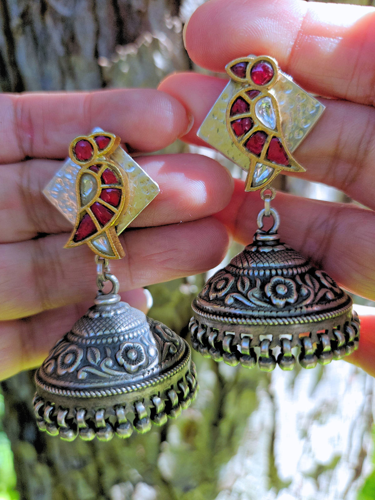 Tota Kundan Parrot Jhumka Earrings | Oxidised 925 Sterling Silver Statement Jhumkas with Hammered Finish