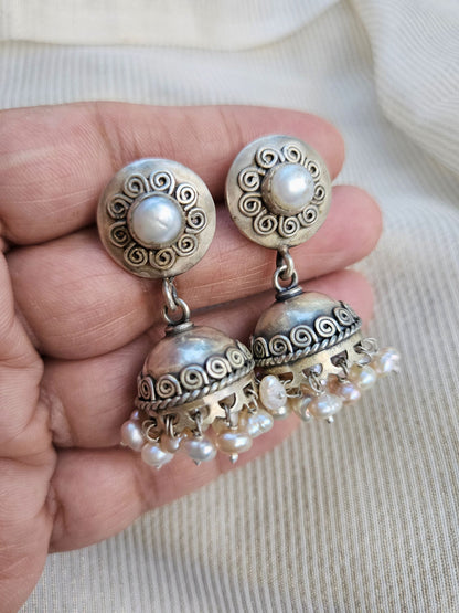 Lehar Freshwater Pearl Jhumka Earrings | Oxidised 925 Sterling Silver Spiral Jhumkis