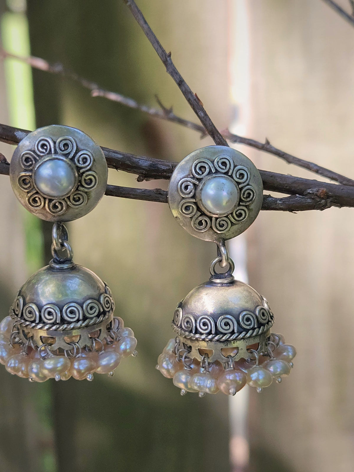 Lehar Freshwater Pearl Jhumka Earrings | Oxidised 925 Sterling Silver Spiral Jhumkis