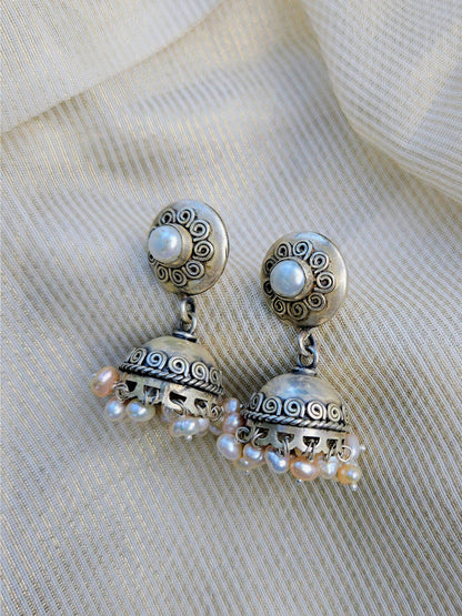 Lehar Freshwater Pearl Jhumka Earrings | Oxidised 925 Sterling Silver Spiral Jhumkis