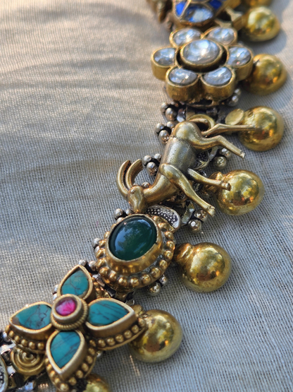 Gulistan Kundan Charm Necklace | Dual-Tone 925 Sterling Silver Statement Necklace with Adjustable Thread