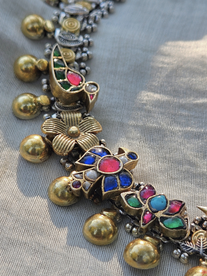 Gulistan Kundan Charm Necklace | Dual-Tone 925 Sterling Silver Statement Necklace with Adjustable Thread