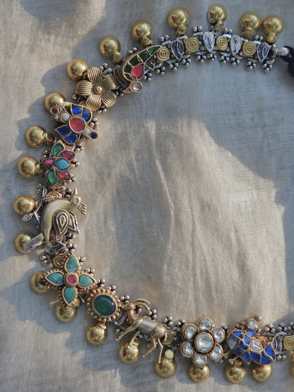 Gulistan Kundan Charm Necklace | Dual-Tone 925 Sterling Silver Statement Necklace with Adjustable Thread