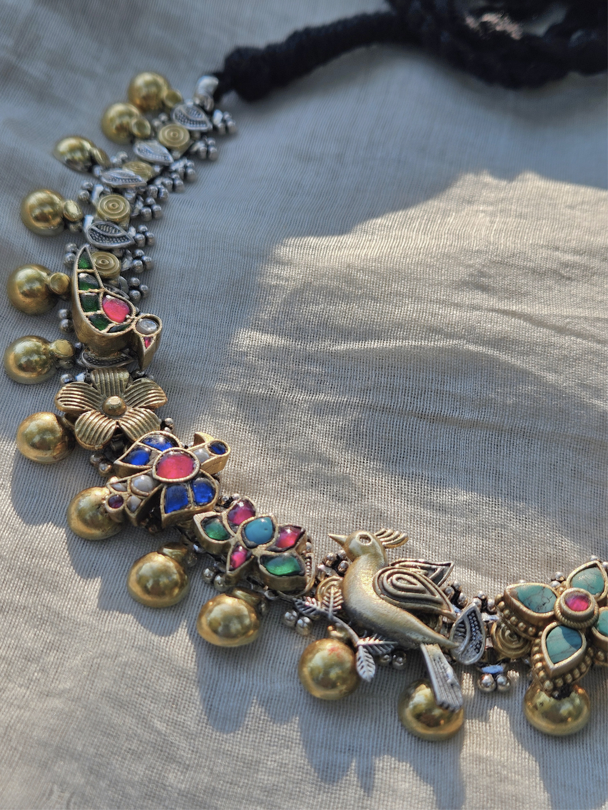 Gulistan Kundan Charm Necklace | Dual-Tone 925 Sterling Silver Statement Necklace with Adjustable Thread