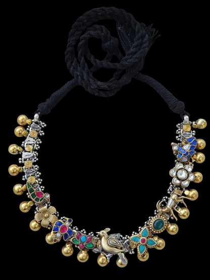 Gulistan Kundan Charm Necklace | Dual-Tone 925 Sterling Silver Statement Necklace with Adjustable Thread