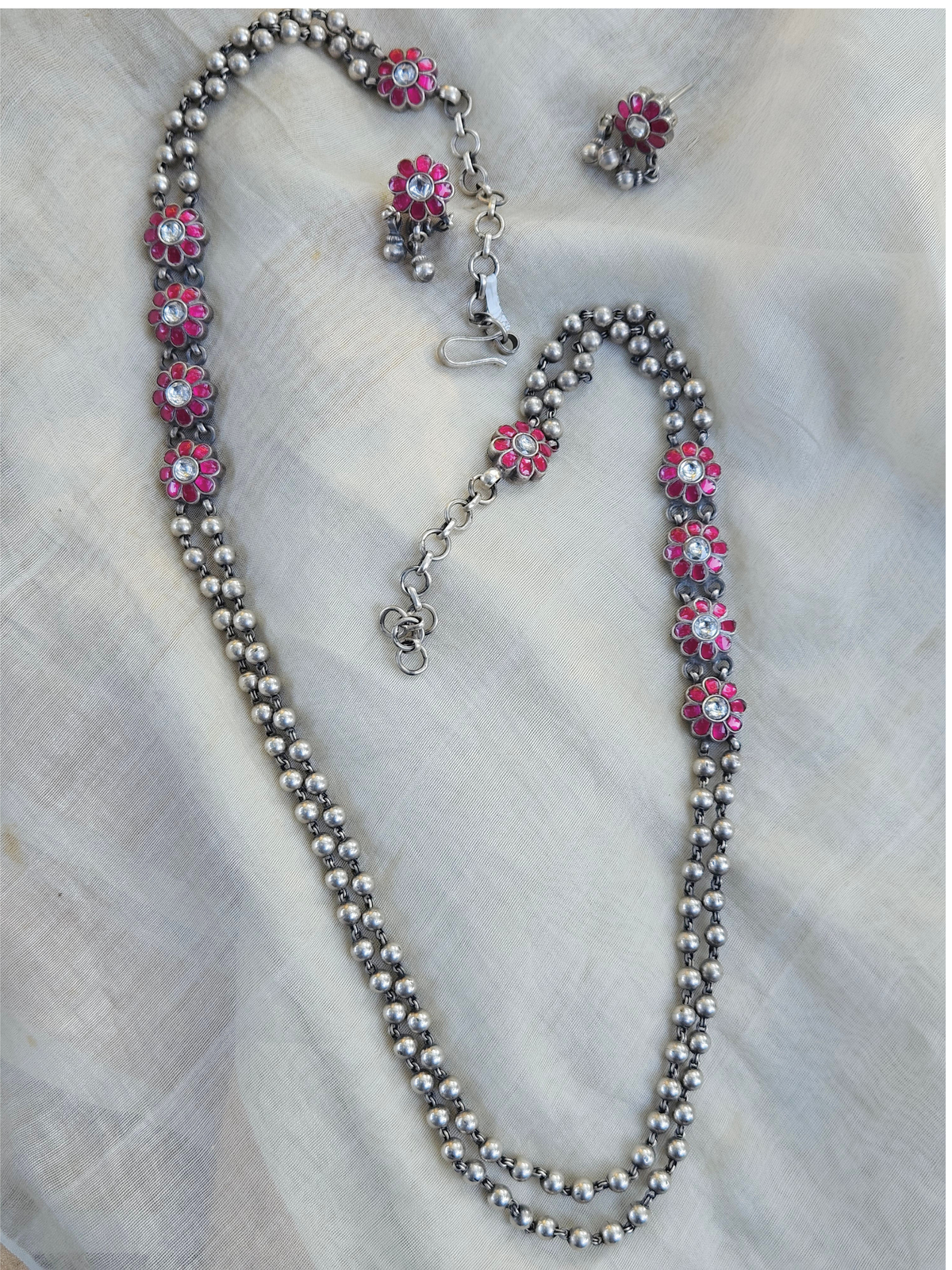 Gulabi Kemp Two-Strand Silver Bead Necklace & Earrings | 925 Sterling Silver South Indian Gundu Mala Set