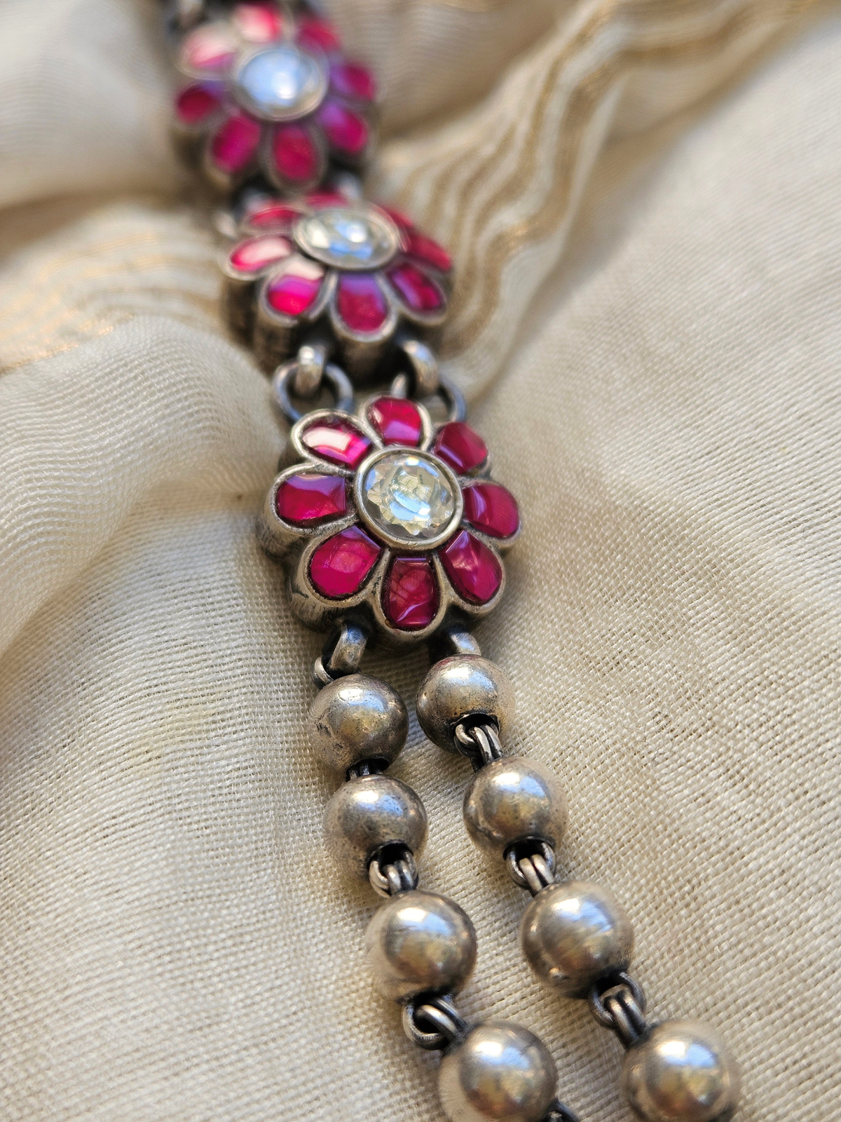 Gulabi Kemp Two-Strand Silver Bead Necklace & Earrings | 925 Sterling Silver South Indian Gundu Mala Set