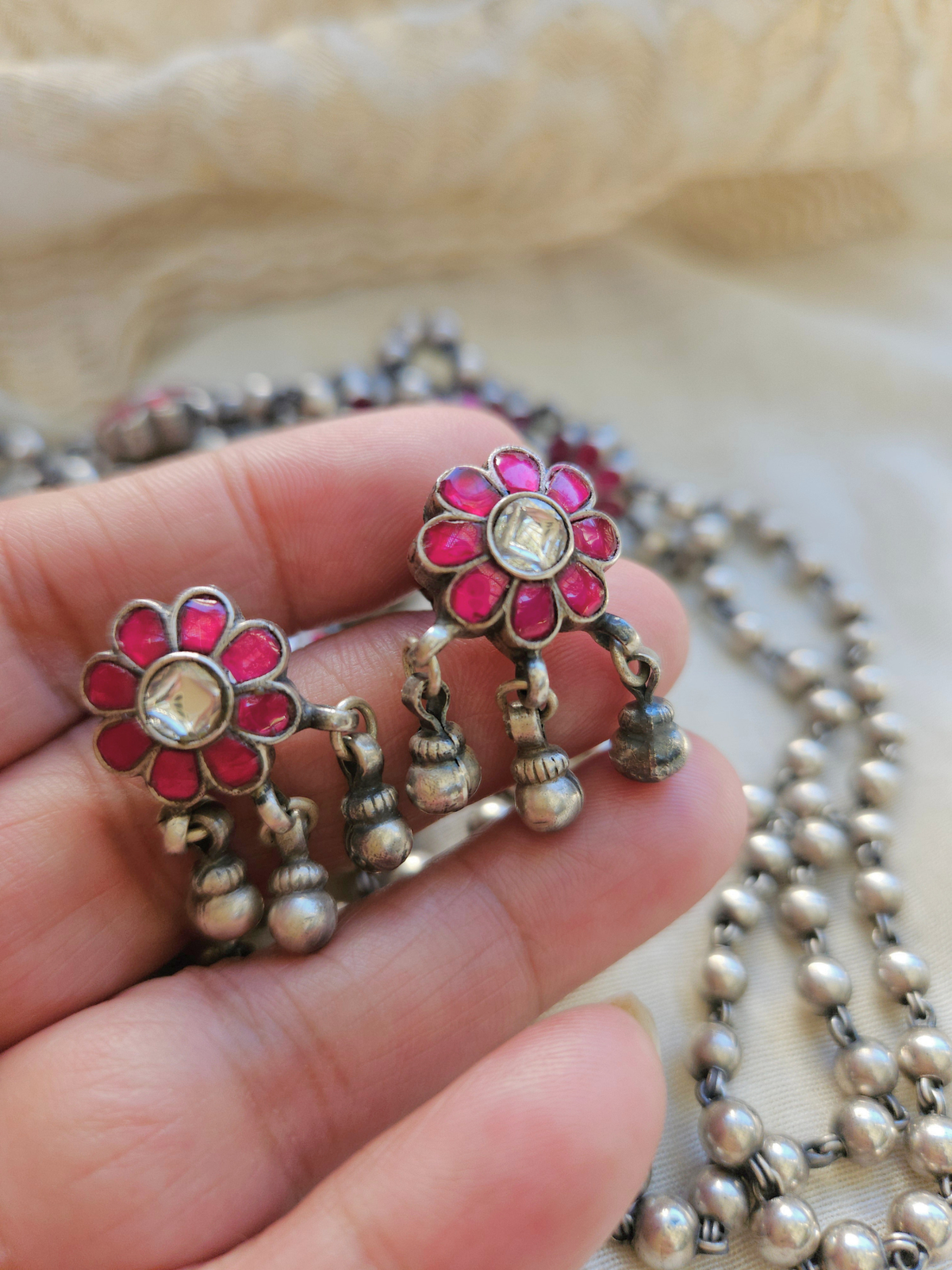 Gulabi Kemp Two-Strand Silver Bead Necklace & Earrings | 925 Sterling Silver South Indian Gundu Mala Set