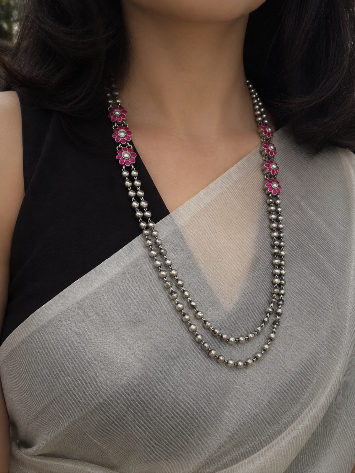Gulabi Kemp Two-Strand Silver Bead Necklace & Earrings | 925 Sterling Silver South Indian Gundu Mala Set
